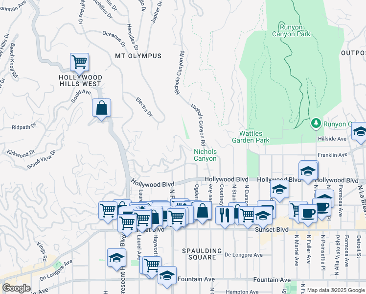 map of restaurants, bars, coffee shops, grocery stores, and more near 1790 North Orange Grove Avenue in Los Angeles
