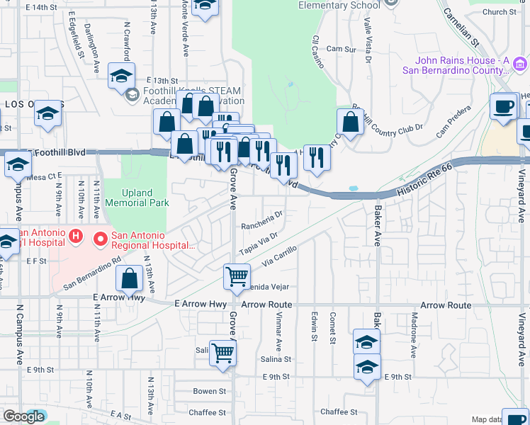 map of restaurants, bars, coffee shops, grocery stores, and more near 8249 Red Hill Country Club Drive in Rancho Cucamonga