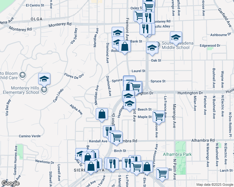 map of restaurants, bars, coffee shops, grocery stores, and more near 1218 Pine Street in South Pasadena
