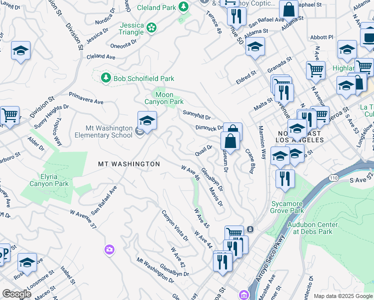 map of restaurants, bars, coffee shops, grocery stores, and more near 627 Pheasant Drive in Los Angeles