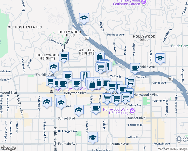 map of restaurants, bars, coffee shops, grocery stores, and more near 1800 Grace Avenue in Los Angeles