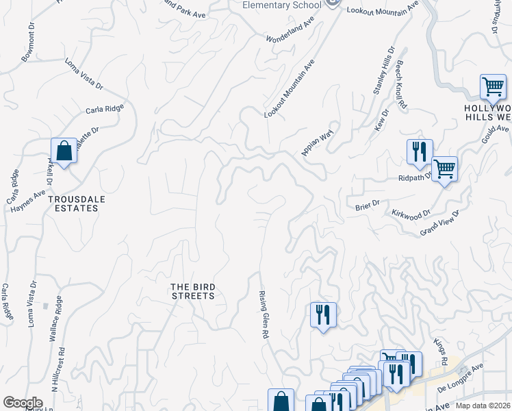 map of restaurants, bars, coffee shops, grocery stores, and more near 1867 Rising Glen Road in Los Angeles