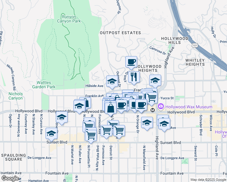 map of restaurants, bars, coffee shops, grocery stores, and more near Franklin Ave & El Cerrito Pl in Los Angeles