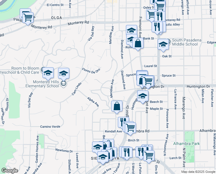 map of restaurants, bars, coffee shops, grocery stores, and more near 920 Summit Drive in South Pasadena