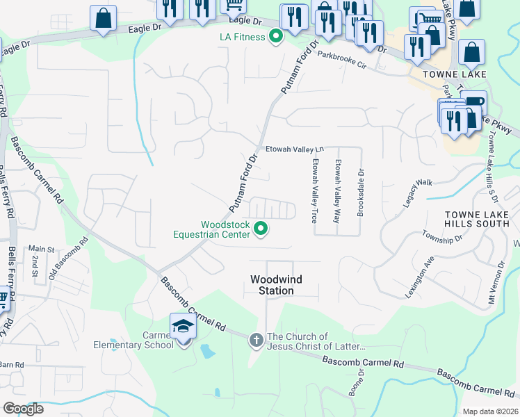map of restaurants, bars, coffee shops, grocery stores, and more near 305 Kings Way in Woodstock