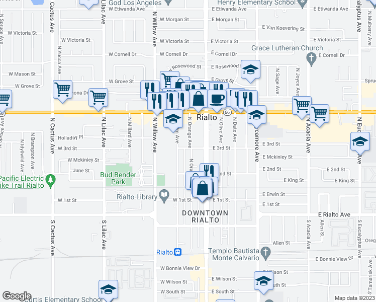 map of restaurants, bars, coffee shops, grocery stores, and more near 244 North Orange Avenue in Rialto