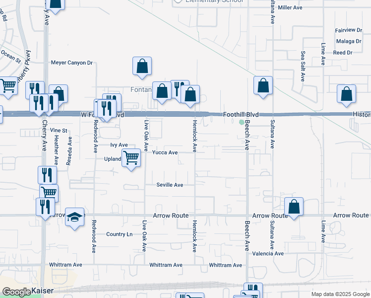 map of restaurants, bars, coffee shops, grocery stores, and more near 15075 Joshua Tree Court in Fontana