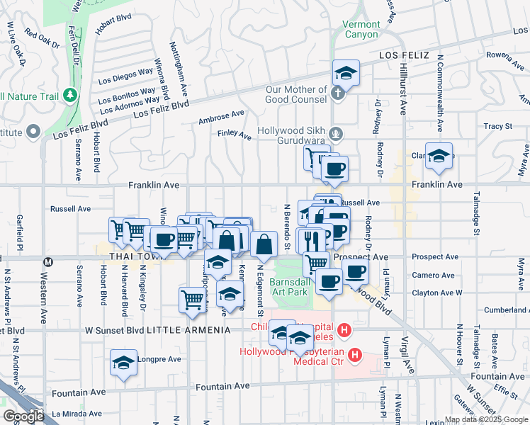 map of restaurants, bars, coffee shops, grocery stores, and more near 1814 North Edgemont Street in Los Angeles