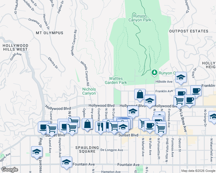 map of restaurants, bars, coffee shops, grocery stores, and more near 1816 North Stanley Avenue in West Hollywood