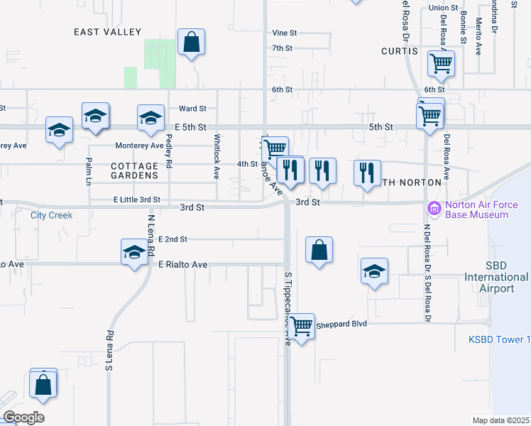 map of restaurants, bars, coffee shops, grocery stores, and more near 1155 East 3rd Street in San Bernardino