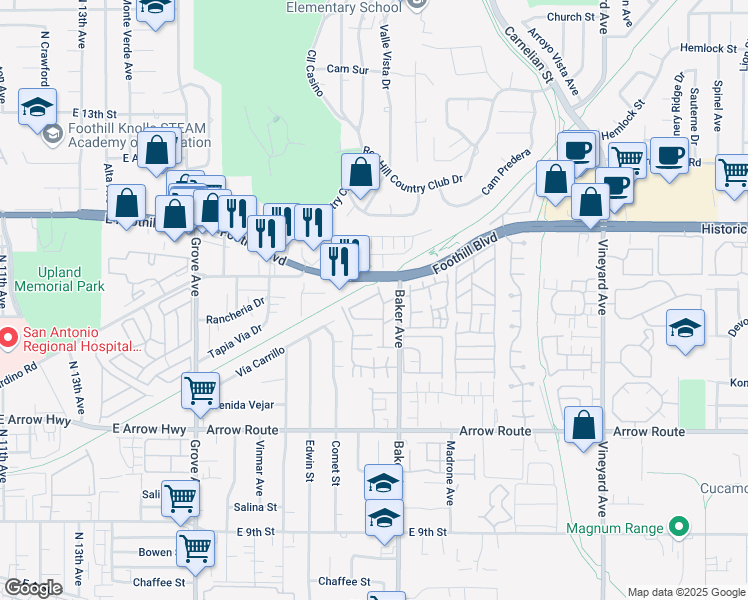 map of restaurants, bars, coffee shops, grocery stores, and more near 8449 Cedarwood Lane in Rancho Cucamonga