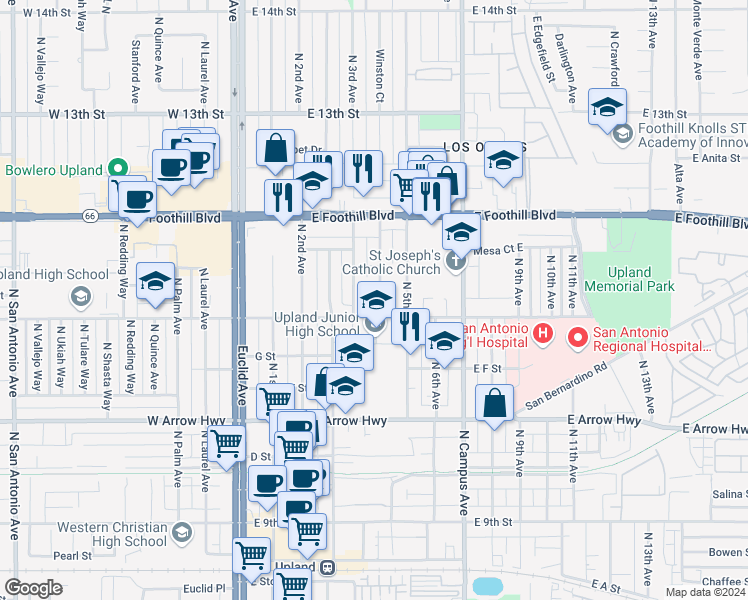 map of restaurants, bars, coffee shops, grocery stores, and more near 833 North 4th Avenue in Upland