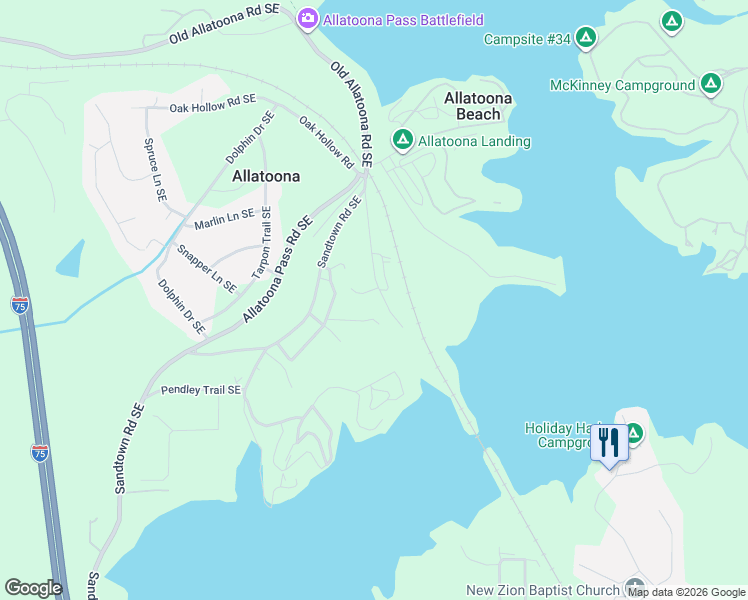 map of restaurants, bars, coffee shops, grocery stores, and more near 838 Old Allatoona Road Southeast in Cartersville