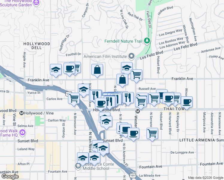map of restaurants, bars, coffee shops, grocery stores, and more near 1825 North Gramercy Place in Los Angeles