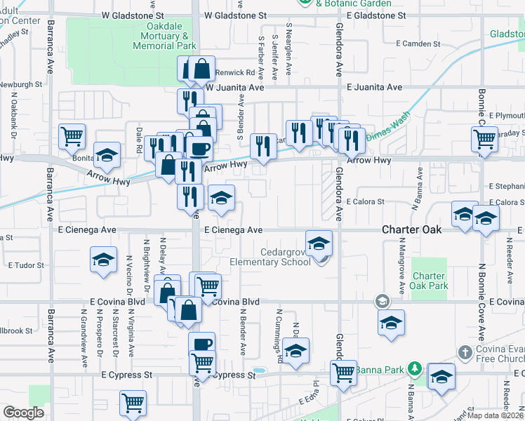 map of restaurants, bars, coffee shops, grocery stores, and more near 5032 North Linda Lou Avenue in Covina