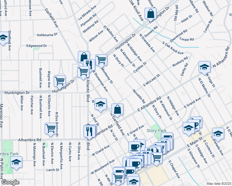 map of restaurants, bars, coffee shops, grocery stores, and more near 829 North Monterey Street in Alhambra