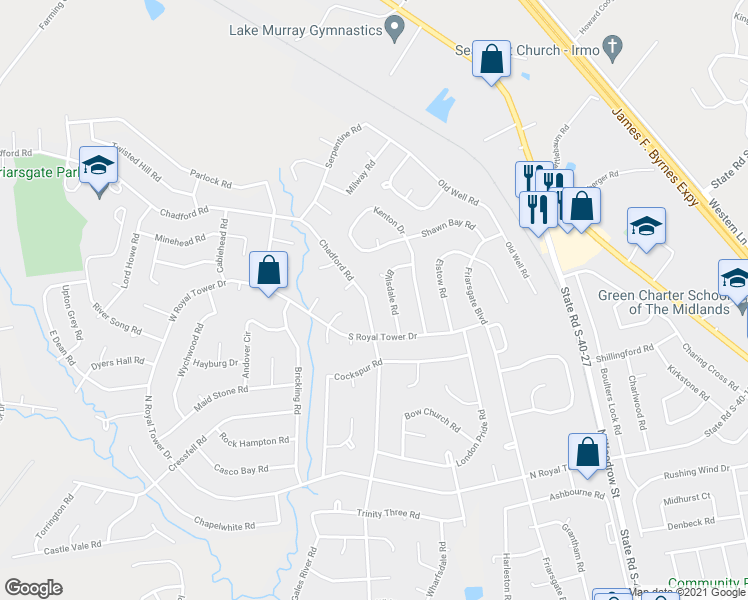map of restaurants, bars, coffee shops, grocery stores, and more near 725 Chadford Road in Irmo