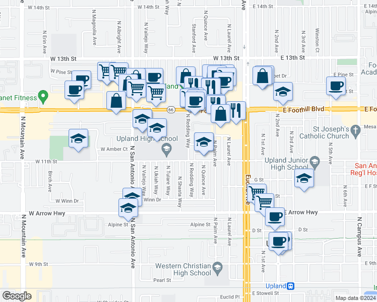 map of restaurants, bars, coffee shops, grocery stores, and more near 832 North Redding Way in Upland