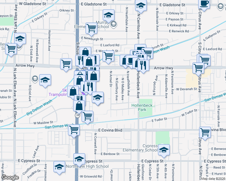 map of restaurants, bars, coffee shops, grocery stores, and more near 1348 North Armel Drive in Covina