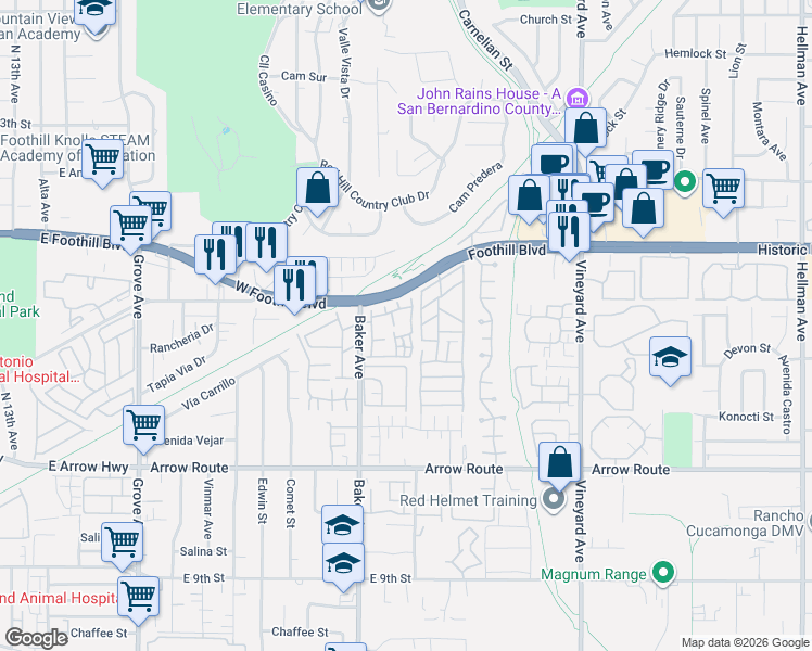 map of restaurants, bars, coffee shops, grocery stores, and more near 8256 Berringer Place in Rancho Cucamonga