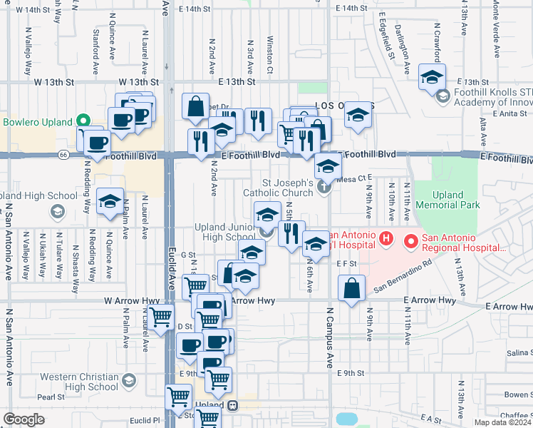 map of restaurants, bars, coffee shops, grocery stores, and more near 833 North 4th Avenue in Upland