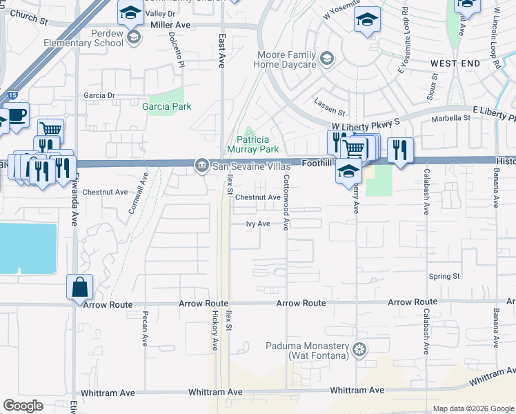 map of restaurants, bars, coffee shops, grocery stores, and more near 8221 Ilex Street in Fontana