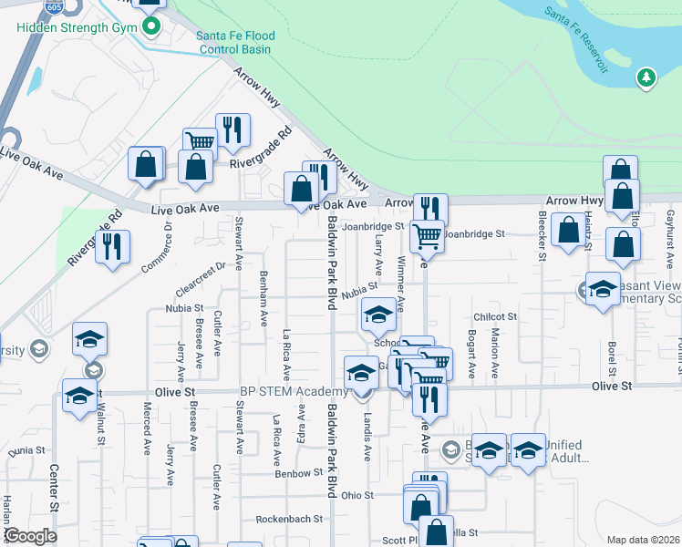 map of restaurants, bars, coffee shops, grocery stores, and more near 5030 Baldwin Park Boulevard in Baldwin Park