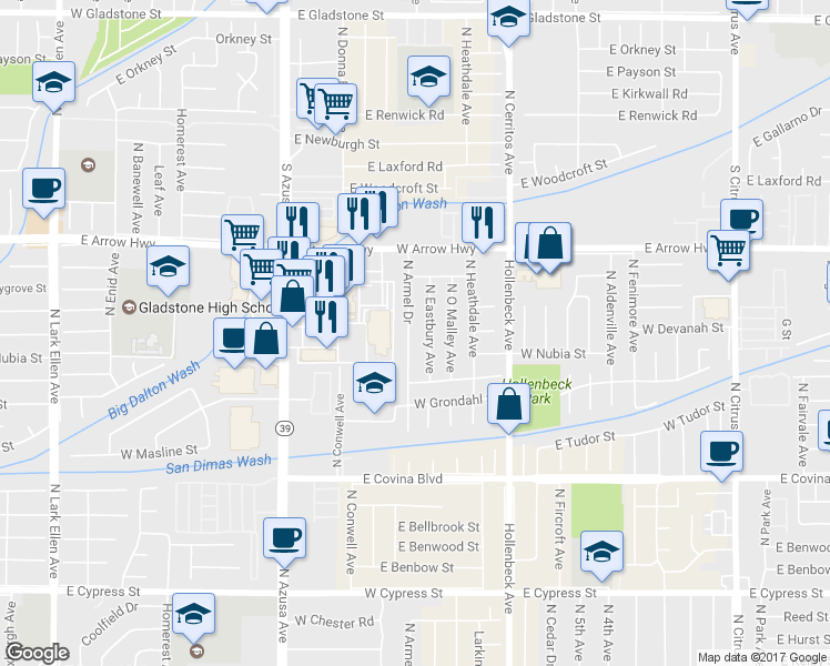 map of restaurants, bars, coffee shops, grocery stores, and more near 1348 North Armel Drive in Covina