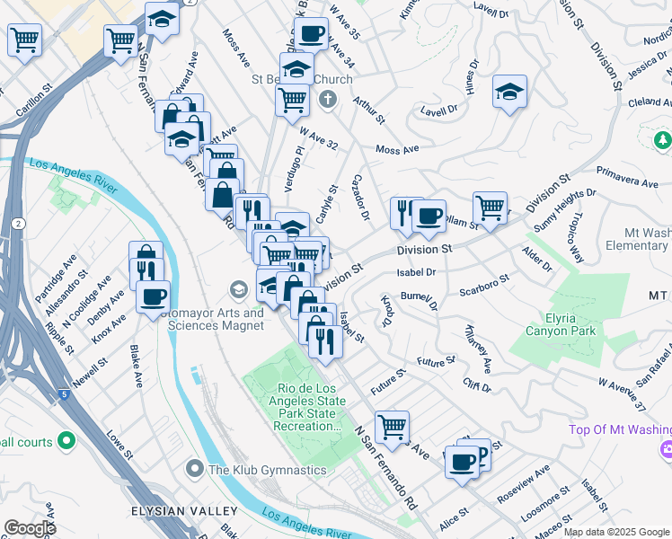 map of restaurants, bars, coffee shops, grocery stores, and more near 3029 Division Street in Los Angeles