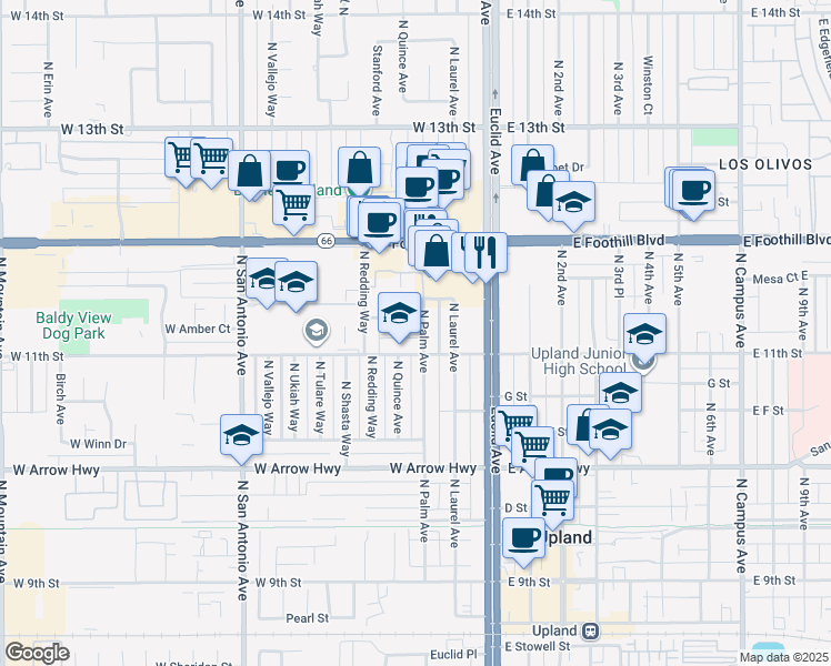 map of restaurants, bars, coffee shops, grocery stores, and more near 833 North Palm Avenue in Upland