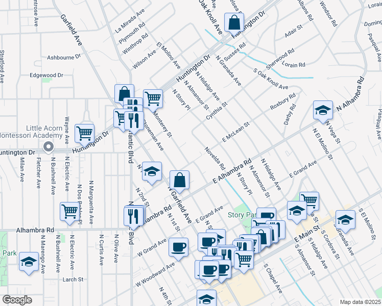 map of restaurants, bars, coffee shops, grocery stores, and more near 812 North Monterey Street in Alhambra