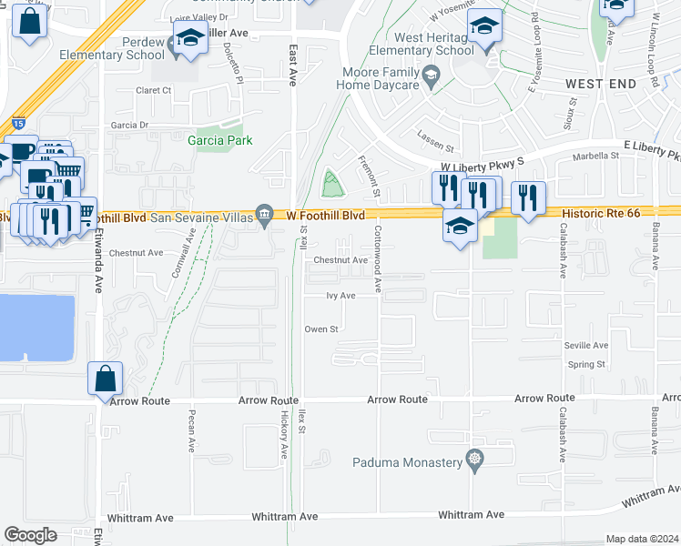 map of restaurants, bars, coffee shops, grocery stores, and more near 8221 Ilex Street in Fontana