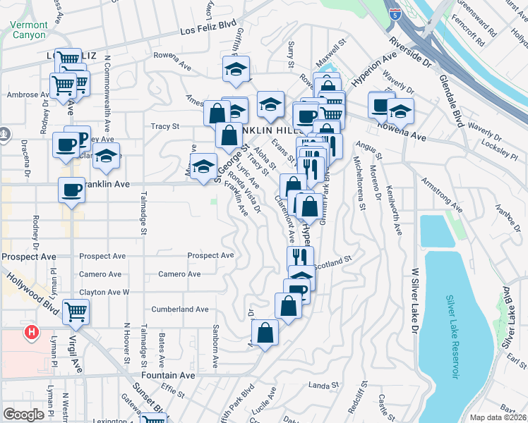 map of restaurants, bars, coffee shops, grocery stores, and more near 2330 Ronda Vista Drive in Los Angeles