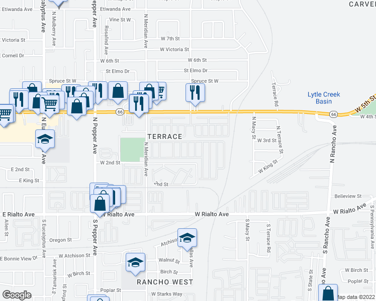 map of restaurants, bars, coffee shops, grocery stores, and more near 2661 2nd Street in San Bernardino