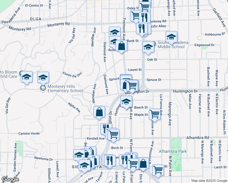 map of restaurants, bars, coffee shops, grocery stores, and more near 1212 Pine Street in South Pasadena