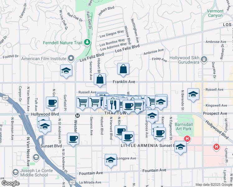 map of restaurants, bars, coffee shops, grocery stores, and more near 1813 North Kingsley Drive in Los Angeles