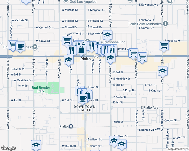 map of restaurants, bars, coffee shops, grocery stores, and more near 247 North Olive Avenue in Rialto