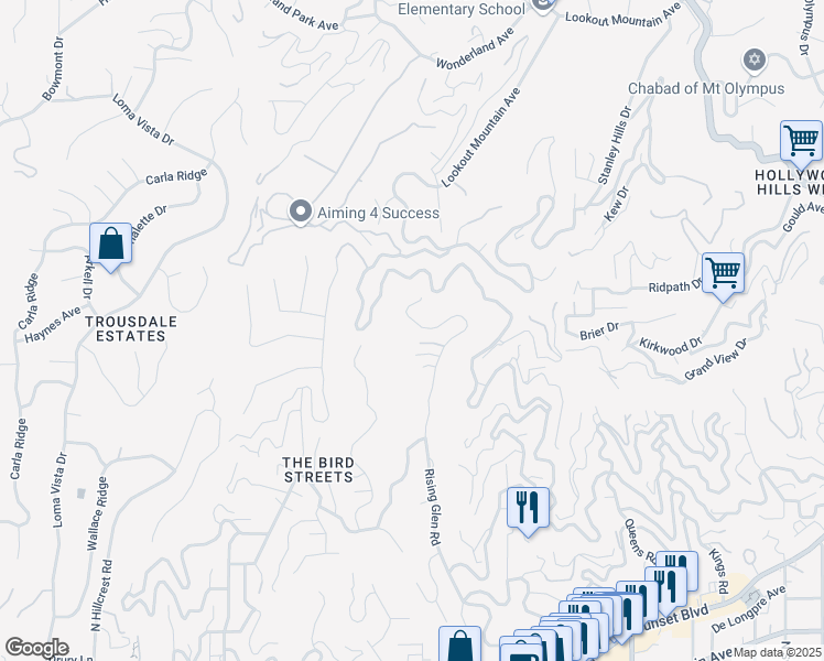 map of restaurants, bars, coffee shops, grocery stores, and more near 1877 Rising Glen Road in Los Angeles