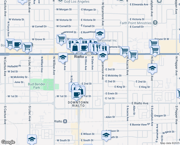 map of restaurants, bars, coffee shops, grocery stores, and more near 247 North Olive Avenue in Rialto