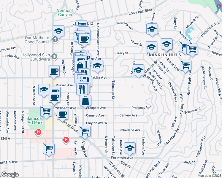 map of restaurants, bars, coffee shops, grocery stores, and more near 4310 Russell Avenue in Los Angeles