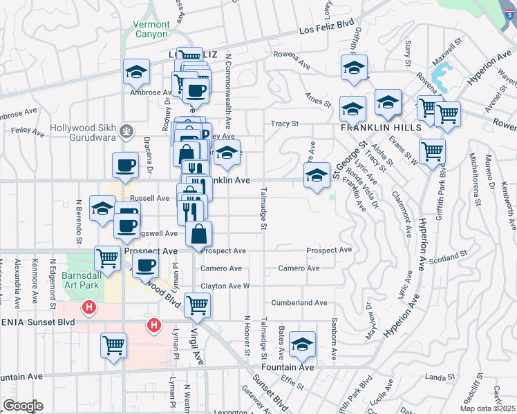 map of restaurants, bars, coffee shops, grocery stores, and more near 4310 Russell Avenue in Los Angeles