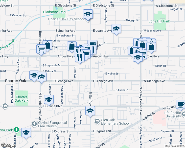 map of restaurants, bars, coffee shops, grocery stores, and more near 5034 North Sunflower Avenue in Covina