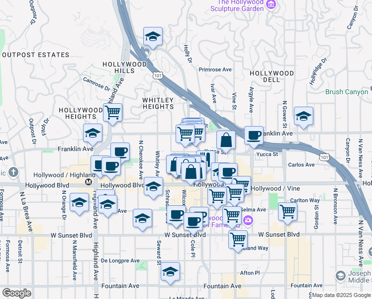 map of restaurants, bars, coffee shops, grocery stores, and more near 6434 Yucca Street in Los Angeles