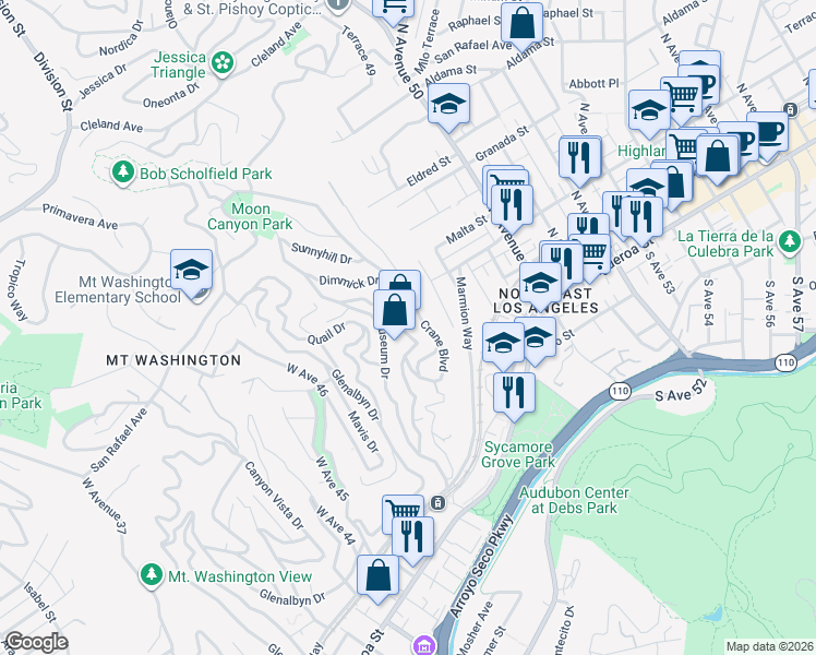 map of restaurants, bars, coffee shops, grocery stores, and more near 450 Rustic Drive in Los Angeles