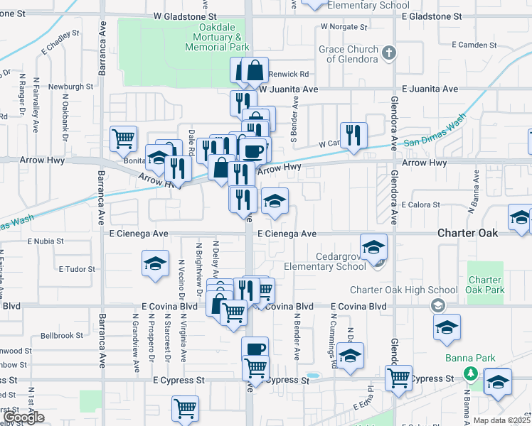 map of restaurants, bars, coffee shops, grocery stores, and more near 19526 East Calora Street in Covina