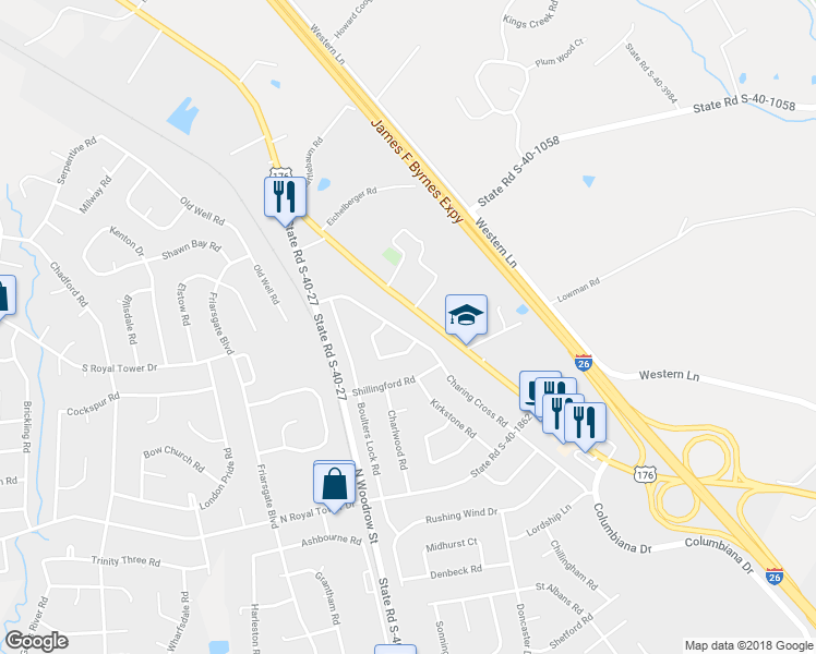 map of restaurants, bars, coffee shops, grocery stores, and more near 213 Charing Cross Road in Irmo