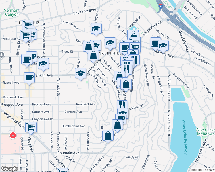 map of restaurants, bars, coffee shops, grocery stores, and more near 2330 Ronda Vista Drive in Los Angeles