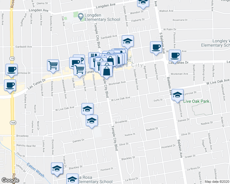 map of restaurants, bars, coffee shops, grocery stores, and more near 5727 Camellia Avenue in Temple City