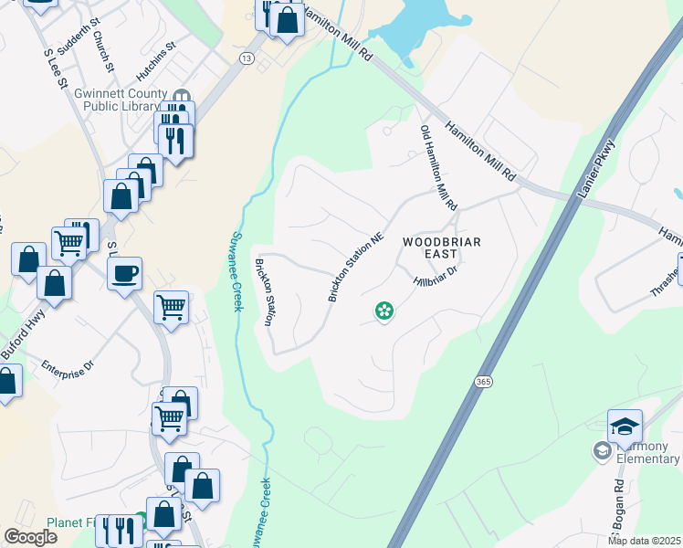 map of restaurants, bars, coffee shops, grocery stores, and more near 2080 Brickton Station Northeast in Buford