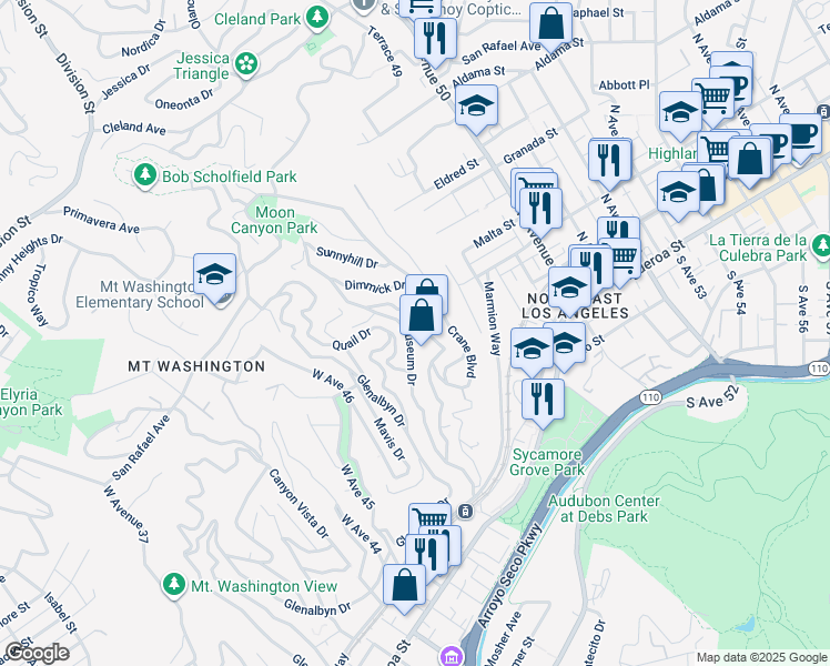 map of restaurants, bars, coffee shops, grocery stores, and more near 452 Museum Drive in Los Angeles